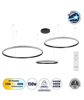 GLOBOSTAR® DIAMOND TRIO 61146 Μοντέρνο Κρεμαστό Φωτιστικό Οροφής LED 150W 18379lm 360° AC 220-240V IP20 Ρυθμιζόμενο Λευκό CCT με Χειριστήριο από 2700K έως 6000K Dimmable - Lumileds SMD Chip - Μαυρό Ματ - Μ170 x Π170 x Υ60cm - 3 Χρόνια Εγγύηση